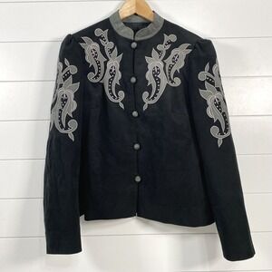 Chinese Custom Tailor Womens Embroidered Suede Jacket size L Black Southwestern